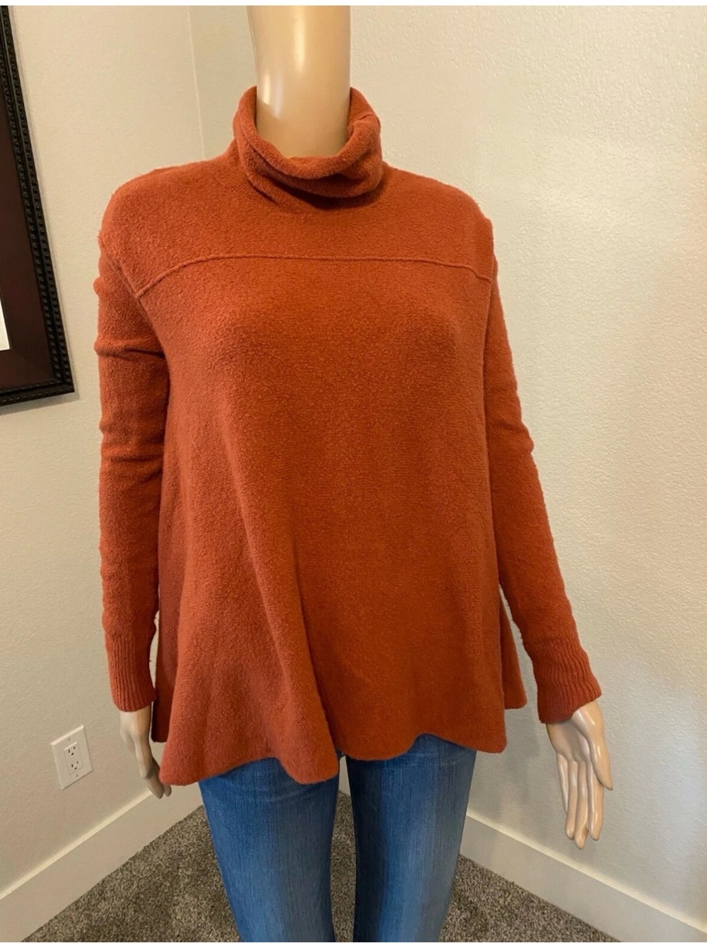 Free People Orange Turtleneck Sweater Side Slit - Size Small-023
